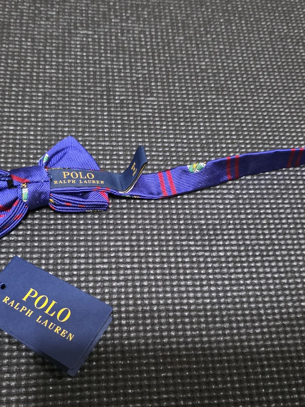 Polo by Ralph Lauren Blue Bow Tie with Red Stripes and Crest